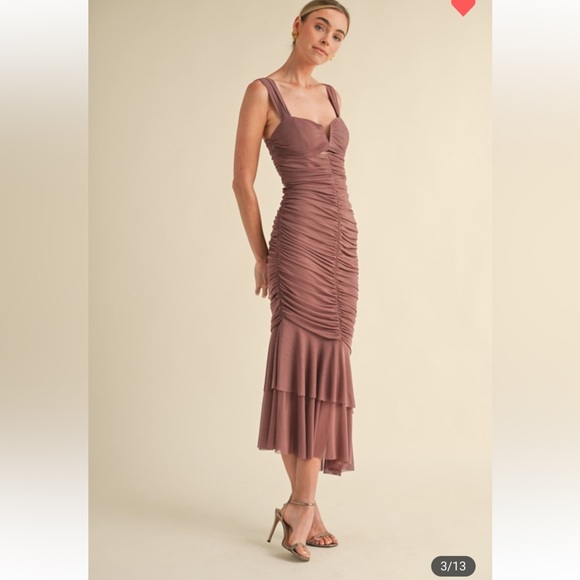 #155 RUCHED SOLID MESH FISH TAIL MIDI DRESS - Picture 3 of 7